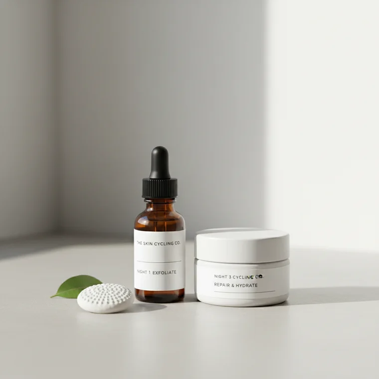 Kobieta po trzydziestce nakłada wieczorną pielęgnację, ilustrując skin cycling dla cery trądzikowej krok po kroku w domowej łazience