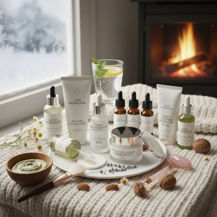 Kobieta nakłada krem na twarz w łazience, zimowy plan pielęgnacji twarzy na 2026 z serum, kremem i ochroną bariery skórnej