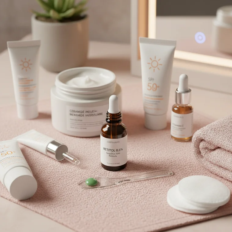 Kobieta z wrażliwą cerą nakłada krem nawilżający po kuracji retinolem 0,5, dbając o barierę hydrolipidową skóry