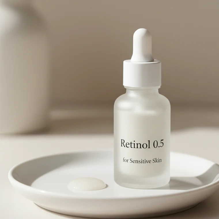 Zbliżenie na twarz z wrażliwą cerą podczas aplikacji retinolu 0,5, pokazujące delikatną pielęgnację i dbanie o gładką skórę twarzy
