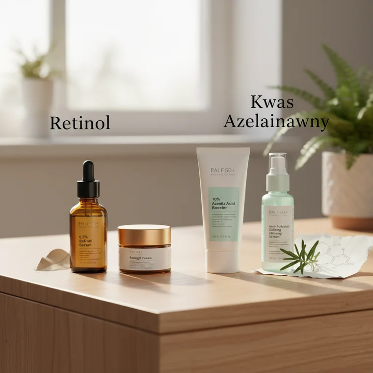 Zbliżenie skóry twarzy z przebarwieniami potrądzikowymi i czerwonymi plamkami, ilustrujące działanie kwasu azelainowego i retinolu po 25. roku życia