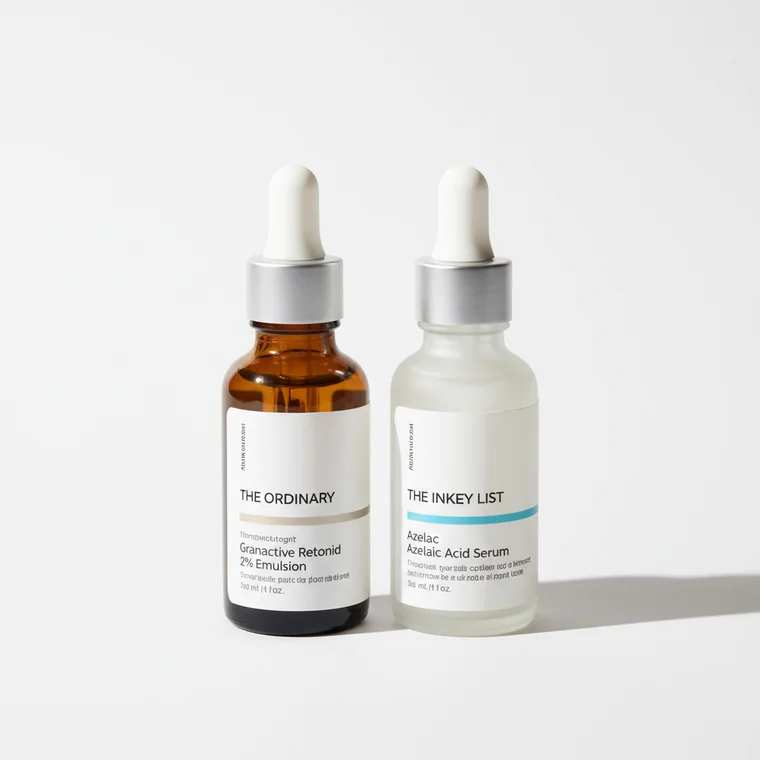 Kobieta po 25. roku życia analizuje przebarwienia potrądzikowe przed lustrem, zastanawiając się, czy wybrać retinol czy kwas azelainowy na poprawę kolorytu skóry