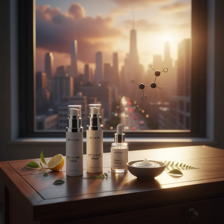 Zbliżenie tekstury kremu SPF 50 z antyoksydantami dla cery mieszanej, otoczonej miejskim smogiem, pokazujące ochronę przed słońcem i zanieczyszczeniami