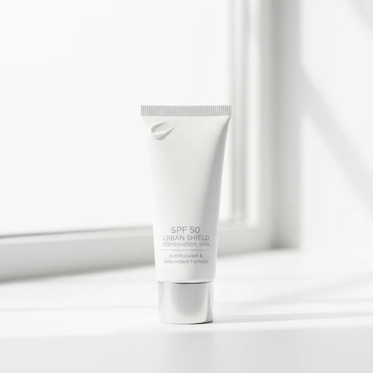 Kobieta z cerą mieszaną nakłada SPF 50 w miejskiej przestrzeni ze smogiem, ilustrując dobór kremu z filtrem do cery mieszanej w zanieczyszczonym mieście