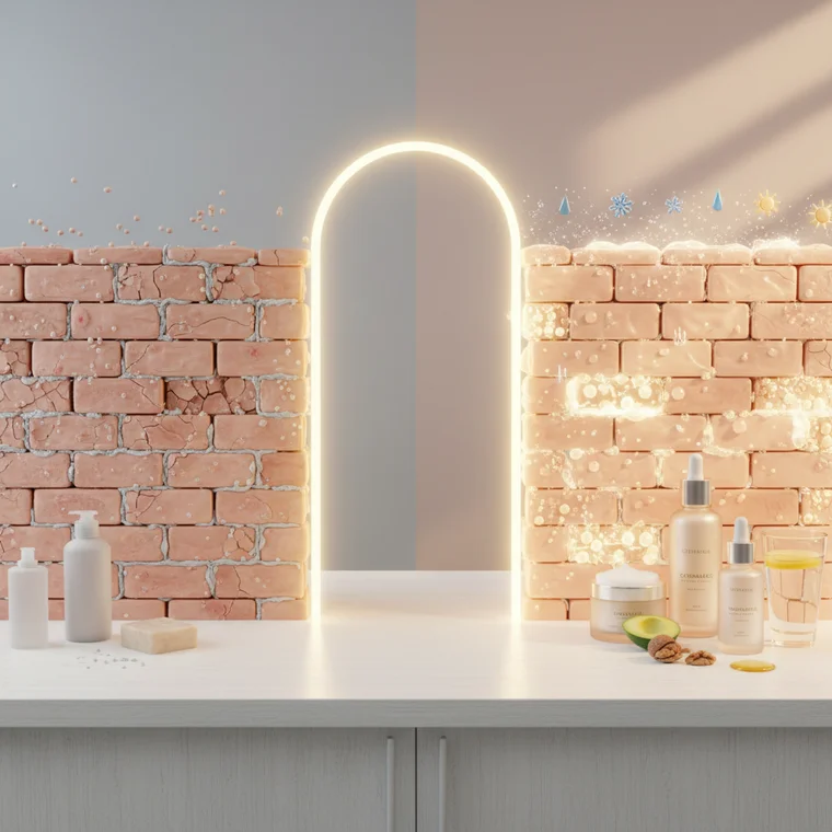 Kosmetyki do odbudowy bariery hydrolipidowej skóry twarzy, krem z ceramidami i delikatny żel myjący na tle łazienki