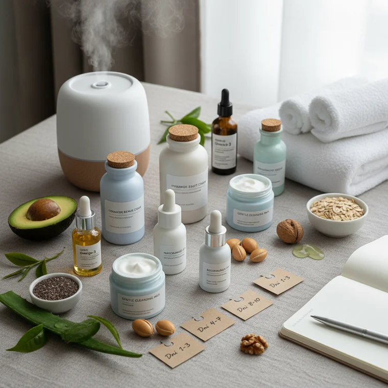 Zbliżenie na dłonie nakładające krem z ceramidami na twarz, ilustrujące domowy plan naprawy bariery hydrolipidowej w 14 dni