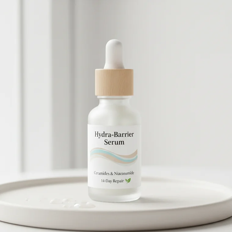 Kobieca twarz z podrażnioną, suchą skórą podczas domowej pielęgnacji, pokazująca jak naprawić uszkodzoną barierę hydrolipidową w 14 dni