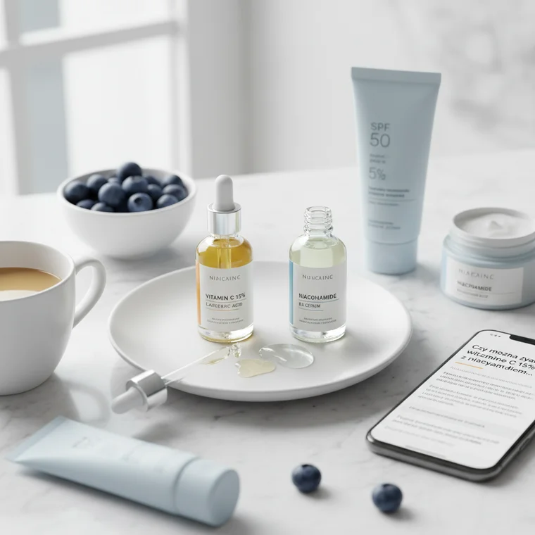 Pielęgnacyjna rutyna z witaminą C 15% i niacynamidem na jasnym blacie, produkty warstwowane w porannej pielęgnacji twarzy