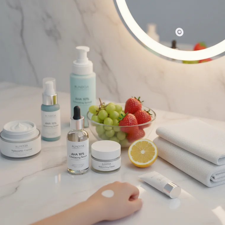 Domowa kuracja złuszczająca z kwasami AHA 10%, plan pielęgnacji, kosmetyki na stoliku w łazience i nawilżona, rozświetlona cera