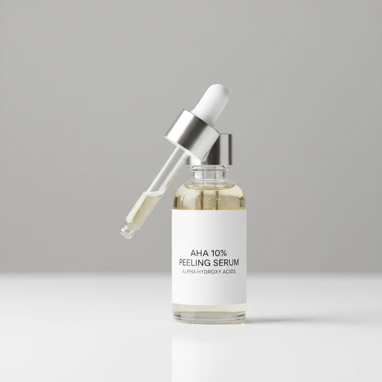 Kobieta nakłada kwasy AHA 10% w domowej pielęgnacji, pierwsza kuracja złuszczająca, delikatne złuszczanie i promienna skóra