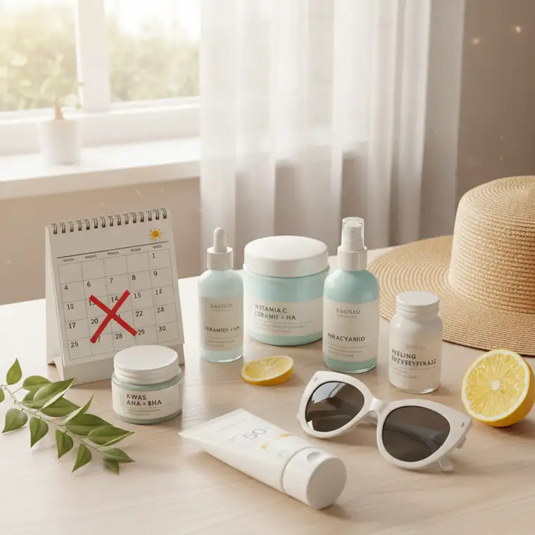 Kobieta z promienną skórą twarzy stosuje letnią pielęgnację bez kwasów, skupiając się na nawilżaniu i ochronie SPF 50 przed słońcem