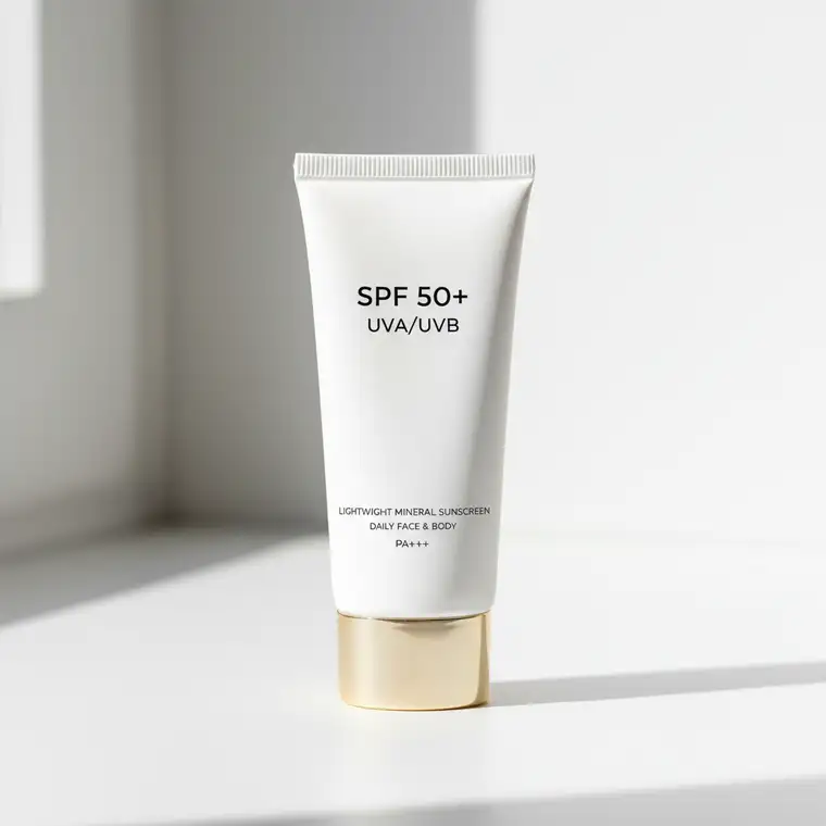 Kobieta nakłada filtr SPF, przygotowując cerę i odstawiając kwasy przed latem, aby uniknąć przebarwień i podrażnień skóry twarzy