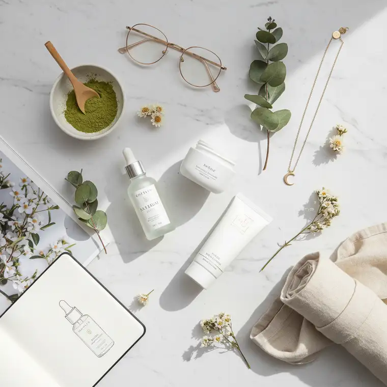 Domowy flat lay kosmetyków na jasnym tle, ułożony zgodnie z zasadami kompozycji i oświetlenia, gotowy do publikacji na Instagramie