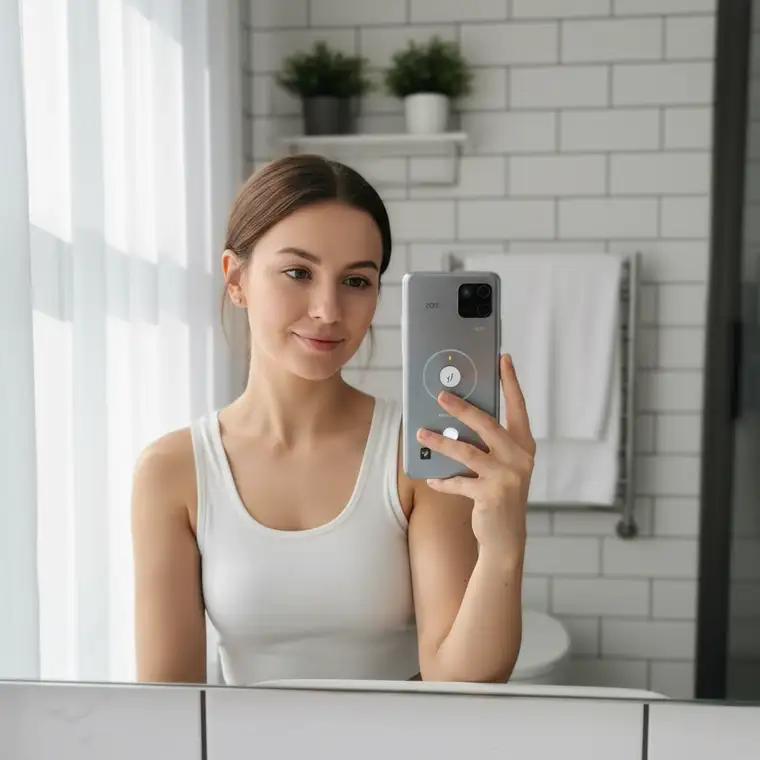 Selfie beauty w łazience przed lustrem, z telefonem Xiaomi 2025, pokazujące kadrowanie, pozę i wykorzystanie trybu portretowego