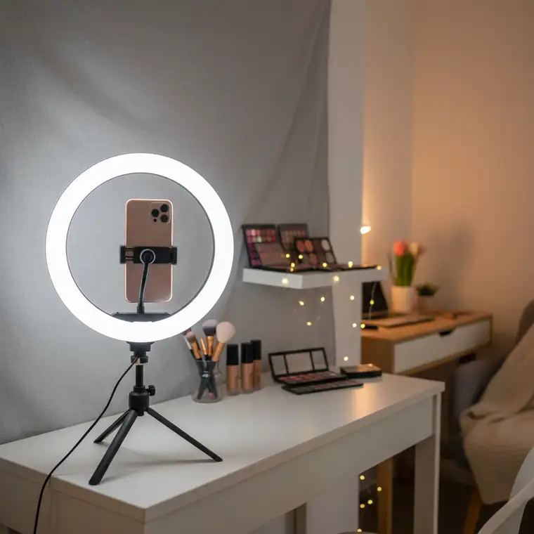 Ring light 30 cm ustawiony przy toaletce w małym mieszkaniu, z uchwytem na telefon i regulacją barwy światła do zdjęć makijażu