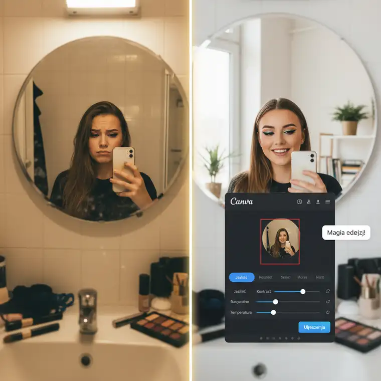 Estetyczne selfie makijażu w lustrze z zadbanym tłem, dobrym światłem i poprawną pozą, pokazujące jak uniknąć błędów przy robieniu selfie makijażu w lustrze