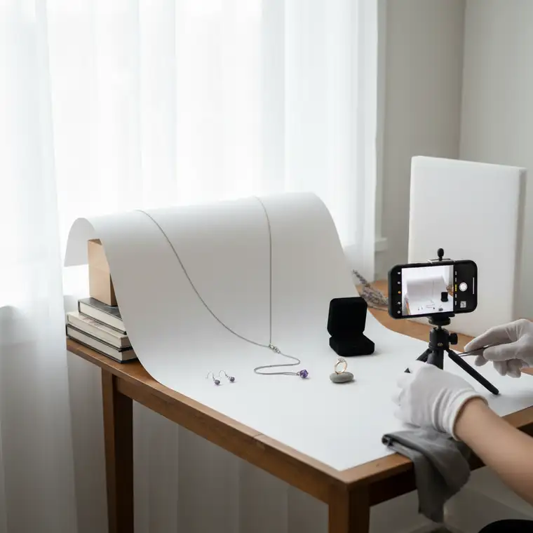 Zbliżenie na biżuterię fotografowaną na białym tle przy oknie w kawalerce, pokazujące ustawienie światła dziennego i odbłyśnika