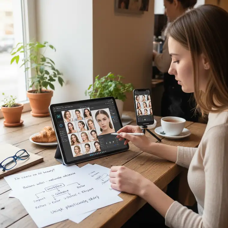 Edytowane zdjęcie beauty w Lightroom Mobile z widocznymi ustawieniami kolorów HSL i Color Grading, pokazujące wpływ korekty barw na efekt końcowy