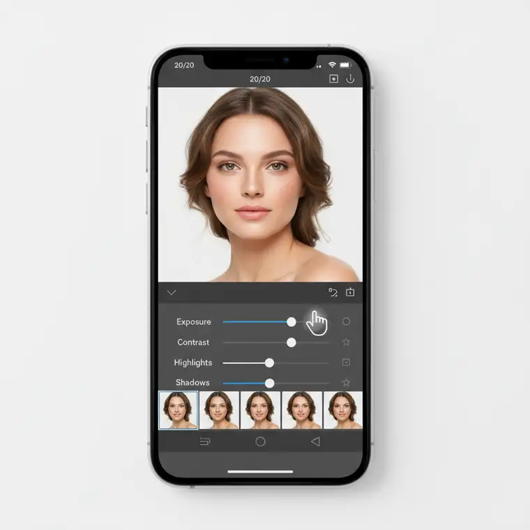 Początkująca edytuje 20 zdjęć beauty w Lightroom Mobile na smartfonie, ucząc się czasu obróbki i podstawowego workflow krok po kroku