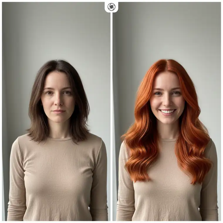 Telefon w dłoni fotografujący włosy przed i po metamorfozie, pokazujący ustawienia aparatu, światło i kadrowanie idealne pod Instagram