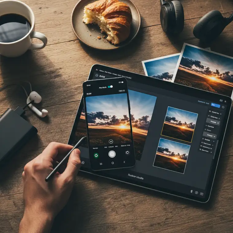 Ekran smartfona Samsung z aplikacją do edycji RAW, pokazujący narzędzia Pro do korekcji ekspozycji, kolorów i balansu bieli