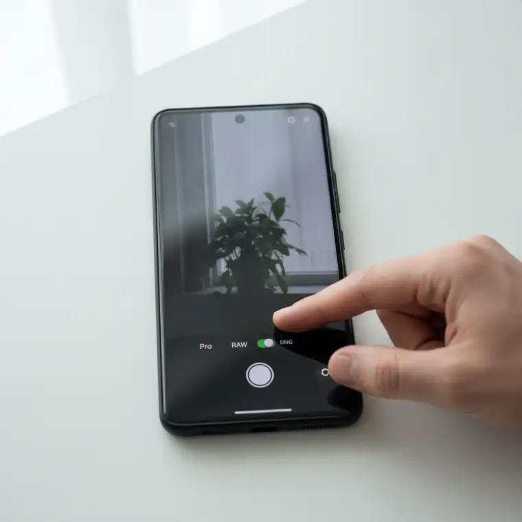 Kobieta fotografuje smartfonem Samsung w trybie Pro, odkrywając możliwości fotografowania w RAW i późniejszej kreatywnej obróbki