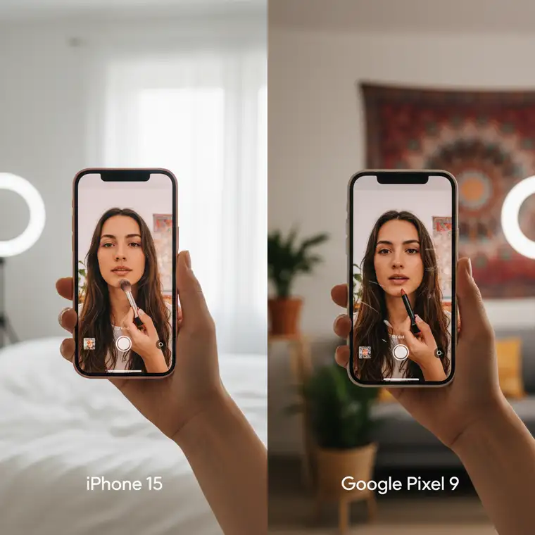 Porównanie zdjęć beauty w trybie portretowym iPhone 15 i Google Pixel 9, makijaż i rozmyte tło w domowym studio