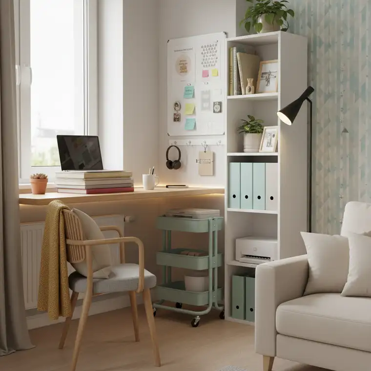 Aranżacja małego biura domowego w kawalerce 30 m², z biurkiem przy parapecie, regałem wolnostojącym i wózkiem na kółkach bez wiercenia