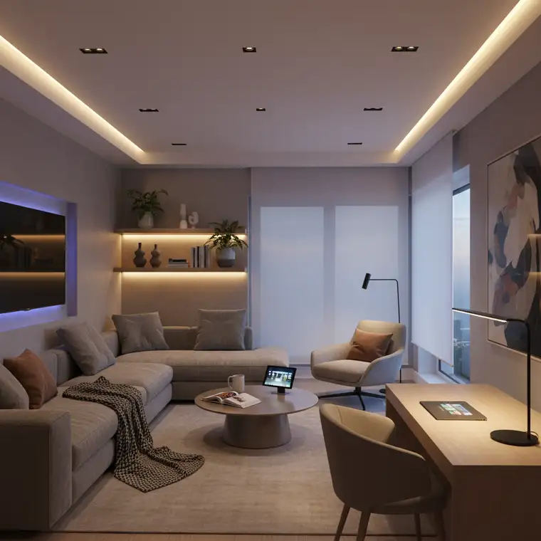 Salon z inteligentnym oświetleniem warstwowym 2026, pokazujący plan rozmieszczenia światła ogólnego, zadaniowego i akcentującego