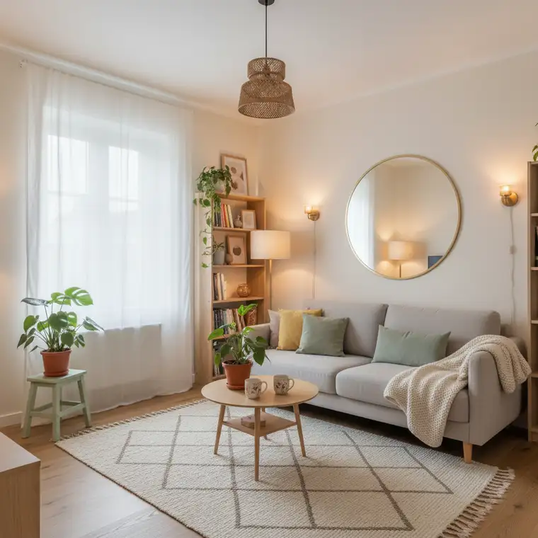 Przytulny salon z północną ekspozycją, ciepłe oświetlenie, jasne ściany i lustro odbijające światło jako przykład jak dobrać kolor ścian do małego mieszkania północnego