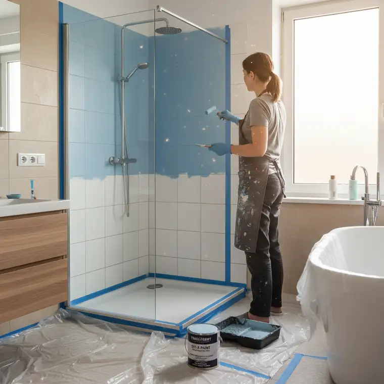 Nowoczesna łazienka z prysznicem, w której pomalowane kafelki odmłodziły wnętrze bez demontażu płytek, pokazując efekt metamorfozy DIY