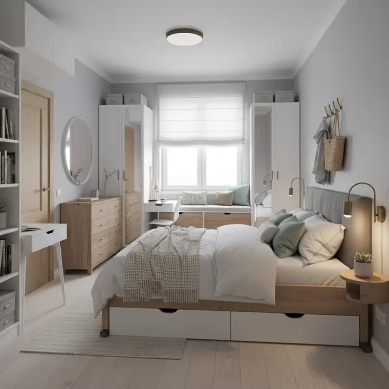 Widok funkcjonalnej małej sypialni 10 m² z łóżkiem z pojemnikiem, szafami modułowymi i półkami ściennymi bez zabudowanej szafy wnękowej