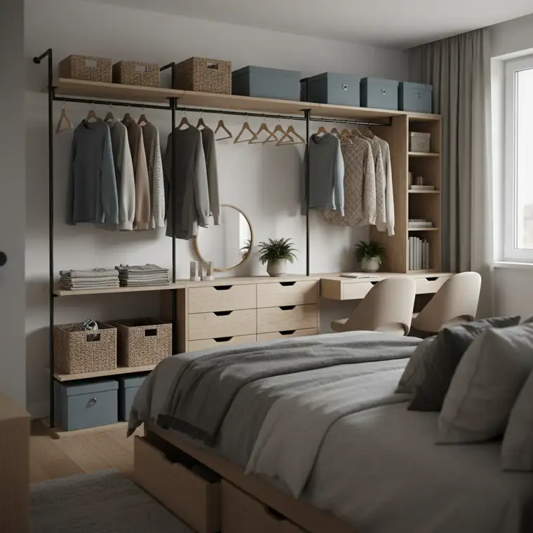 Jak zaplanować układ mebli w sypialni 10 m² dla dwóch osób bez szafy?