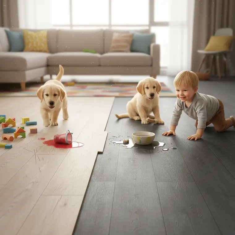 Nowoczesne wnętrze z panelami laminowanymi i psem, ilustrujące porównanie paneli winylowych i laminowanych do mieszkania z psem i dziećmi