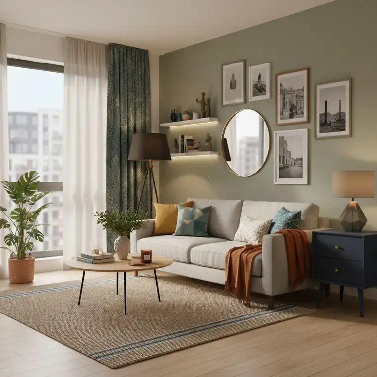 Salon w bloku po metamorfozie z nowym oświetleniem, tekstyliami i roślinami, ilustrujący koszt przemiany bez remontu generalnego w 2026 roku