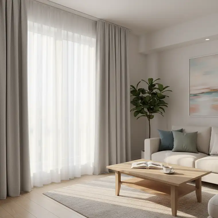 Sypialnia z jasnymi zasłonami zaciemniającymi blackout na zachodnim oknie, podwójny karnisz i lekkie firany tworzą harmonijne wnętrze