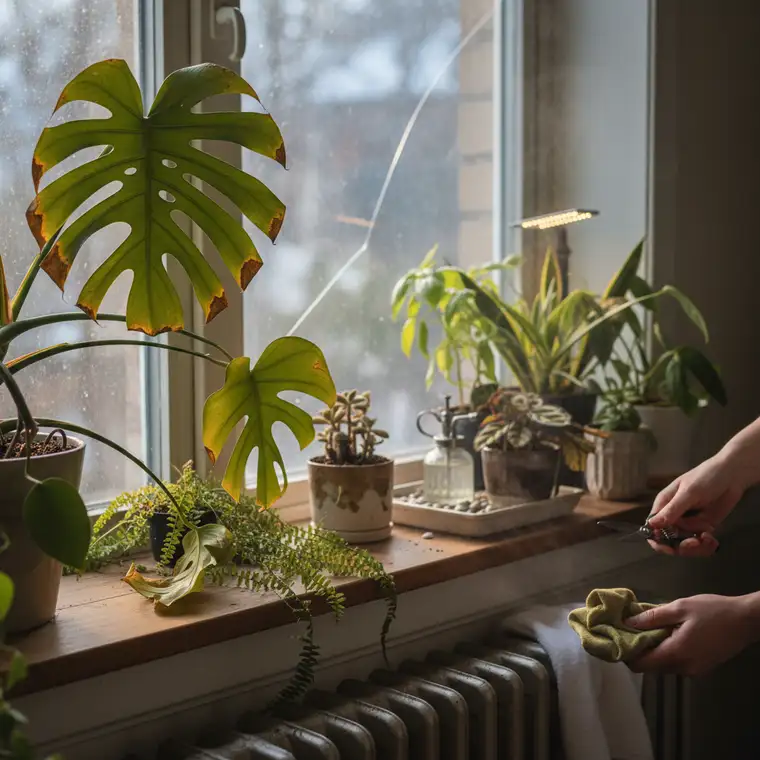 Zielona domowa dżungla z nawilżaczem i roślinami doniczkowymi pokazująca, jak zwiększyć wilgotność i uratować rośliny zimą