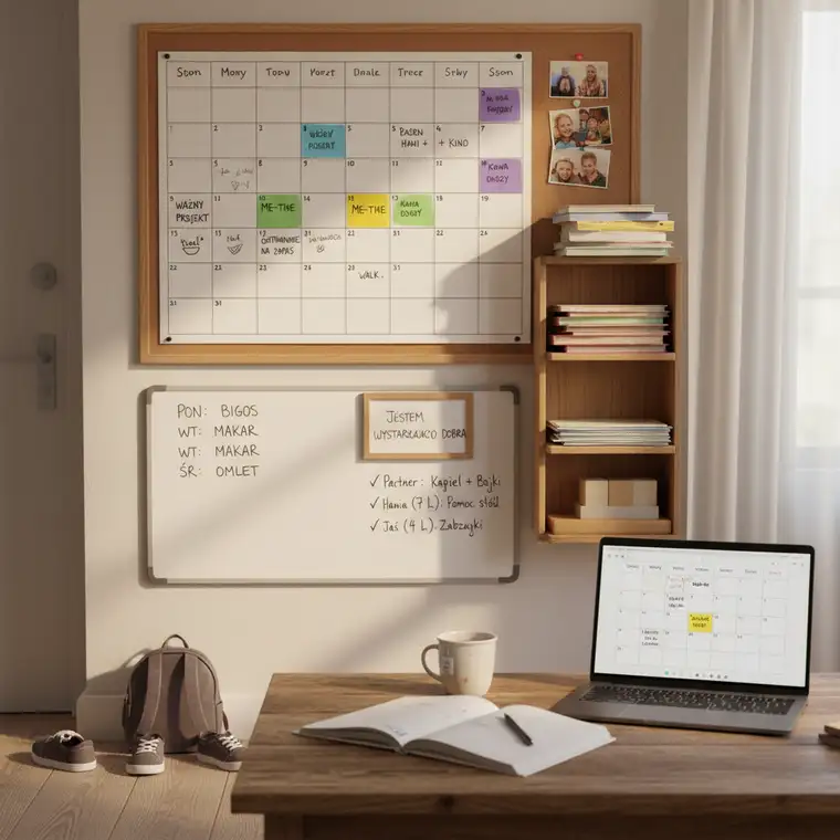 Mama tworzy plan tygodnia w kalendarzu, zaznaczając czas pracy, obowiązki domowe i chwile tylko dla siebie, obok bawią się jej dwójka dzieci