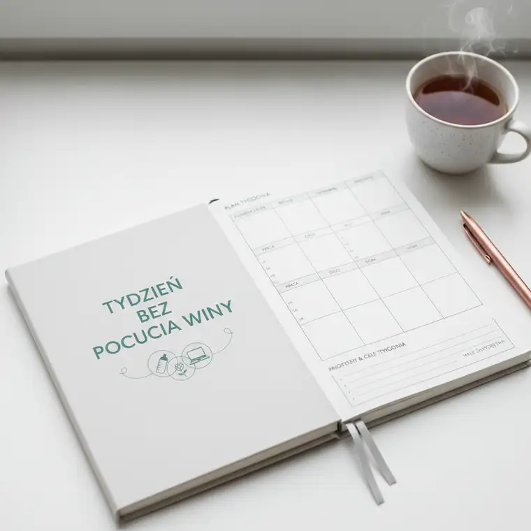 Pracująca mama planuje tygodniowy harmonogram z dwójką dzieci przy stole, spokojnie łącząc pracę, dom i czas dla siebie, bez poczucia winy