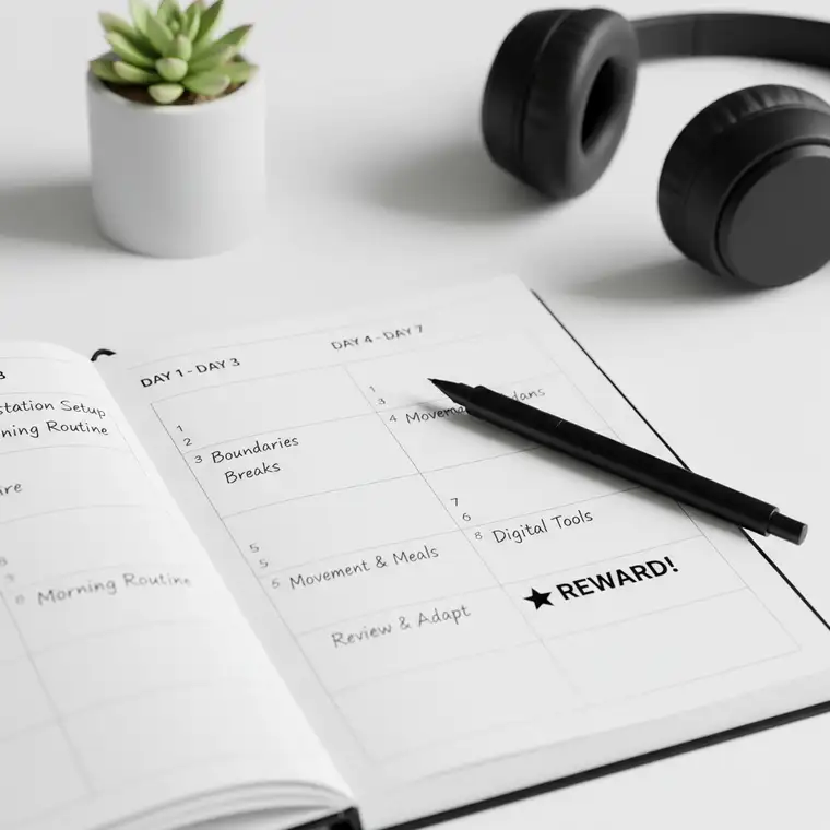 Kobieta pracująca zdalnie przy biurku w uporządkowanym domowym biurze, planująca dzień pracy z domu zgodnie z zasadami produktywnej pracy zdalnej