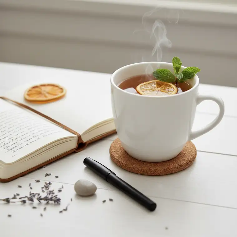 Kobieta w spokojnym, jasnym wnętrzu tworzy swój poranny rytuał 15 minut dla siebie, pijąc kawę i notując intencje na dzień