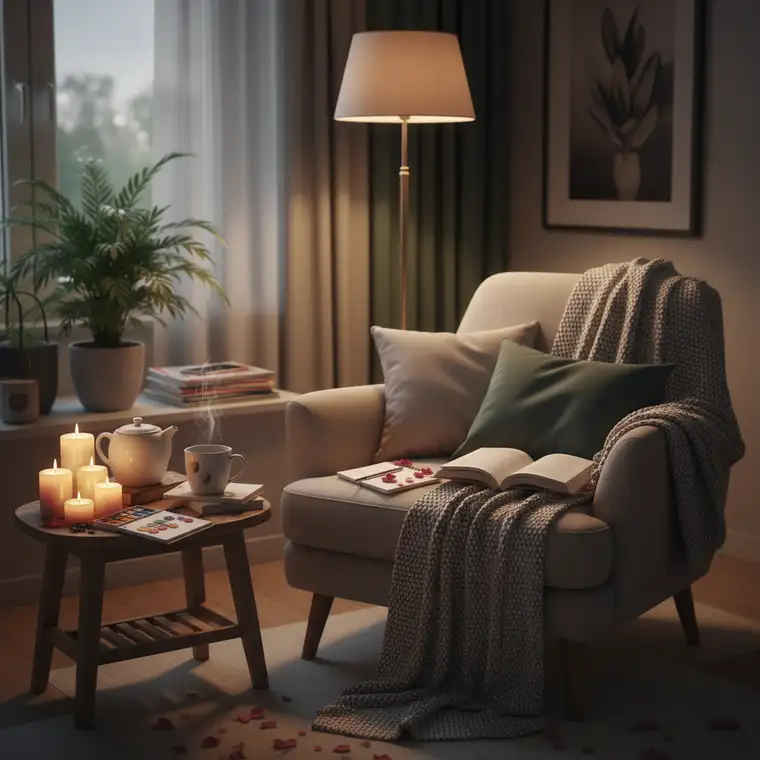 Przytulny kącik do wieczornego relaksu z książką i świecami, pokazujący jak zaplanować regenerujący wolny wieczór w domu