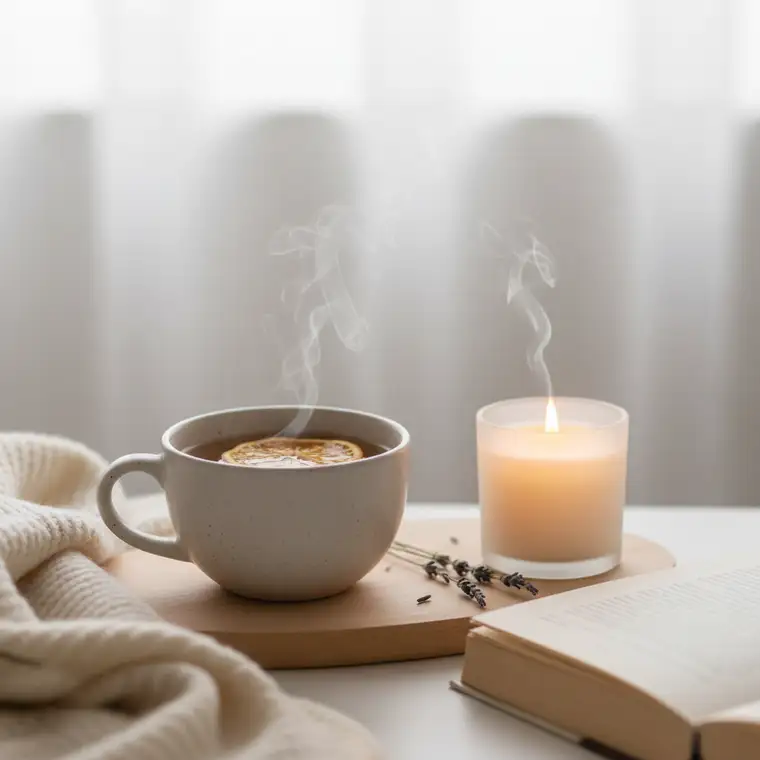 Kobieta odpoczywa wieczorem w domu przy świecach i kubku herbaty, planując skuteczny odpoczynek w jeden wolny wieczór