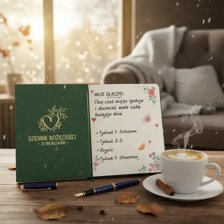 Estetyczny dziennik wdzięczności na biurku z kawą i świecą, tworzenie codziennego rytuału 30-dniowego pisania