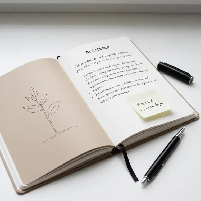 Kobieta prowadzi dziennik wdzięczności w estetycznym notesie przy kawie, 30-dniowy plan na nawyk wdzięczności