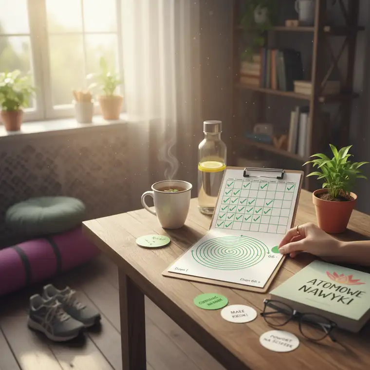 Kobieta śledzi postępy zmiany nawyku w dzienniku, otoczona spokojnym domowym wnętrzem wspierającym nowe rutyny