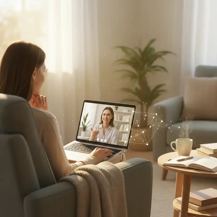 Kobieta wybiera terapeutkę online na laptopie, przeglądając profile i nurty terapii, zastanawia się jak wybrać pierwszą terapeutkę