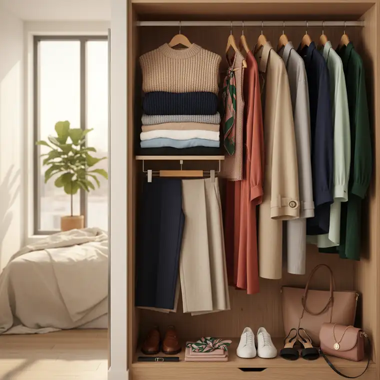 Stylizacje z kapsułkowej garderoby na wiosnę 2026: pracująca minimalistka w neutralnych kolorach, marynarka, trencz i eleganckie dodatki