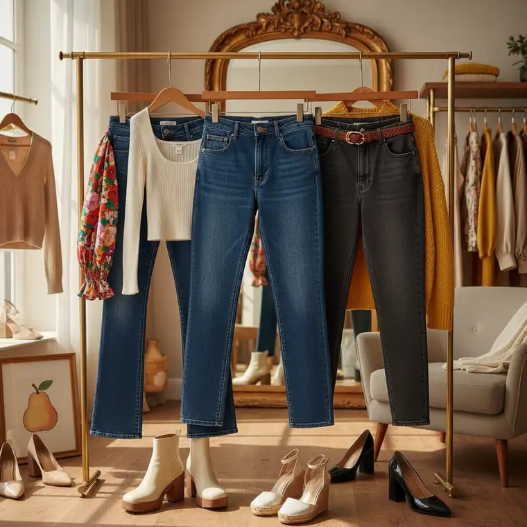 Dżinsy z wysokim stanem i prostą nogawką na niskiej sylwetce gruszki, pokazujące wydłużenie nóg i zbalansowane biodra