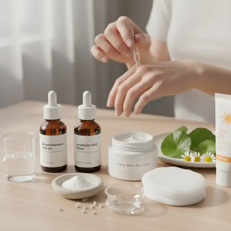 Kosmetyki z kwasami PHA na półce w łazience, idealne produkty do cery bardzo wrażliwej z rumieniem i naczynkami